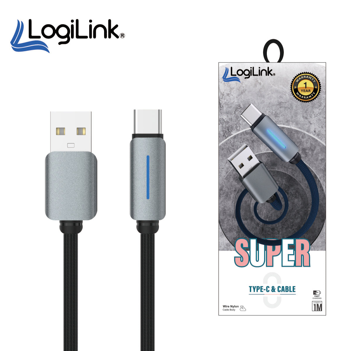 LogiLink USB To Type-C Nylon Fast Charging Data Cable With Light 1m (1 Year Warranty) – view 2