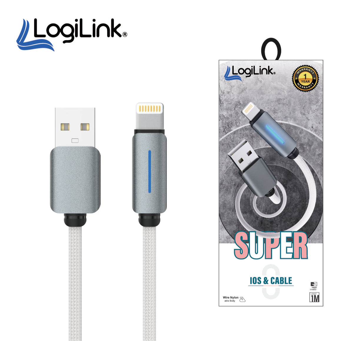 LogiLink USB To Lightning Nylon Fast Charging Data Cable 1m White (1 Year Warranty) – view 2
