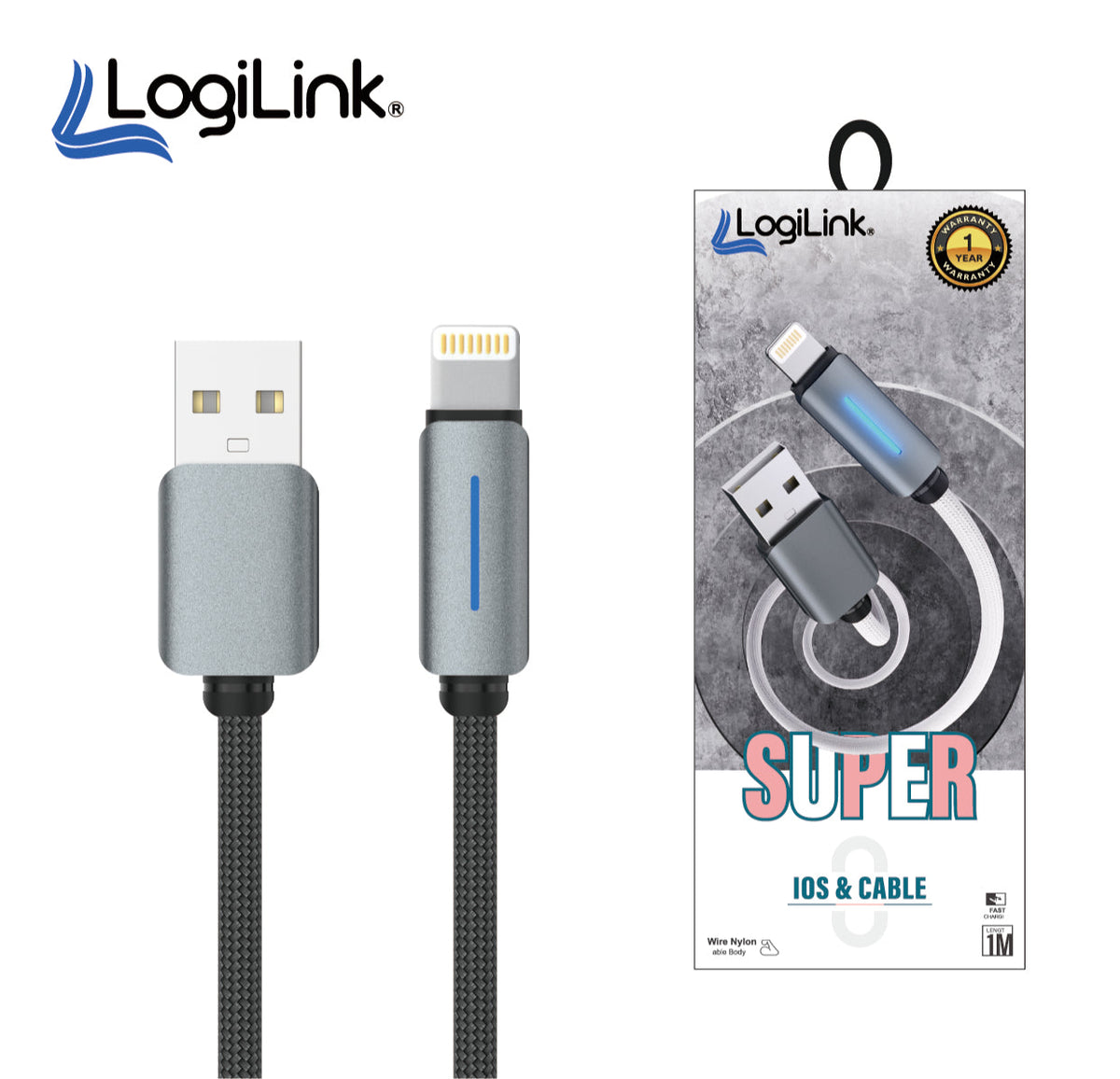 LogiLink USB To Lightning Nylon Fast Charging Data Cable 1m Grey (1 Year Warranty) – view 2