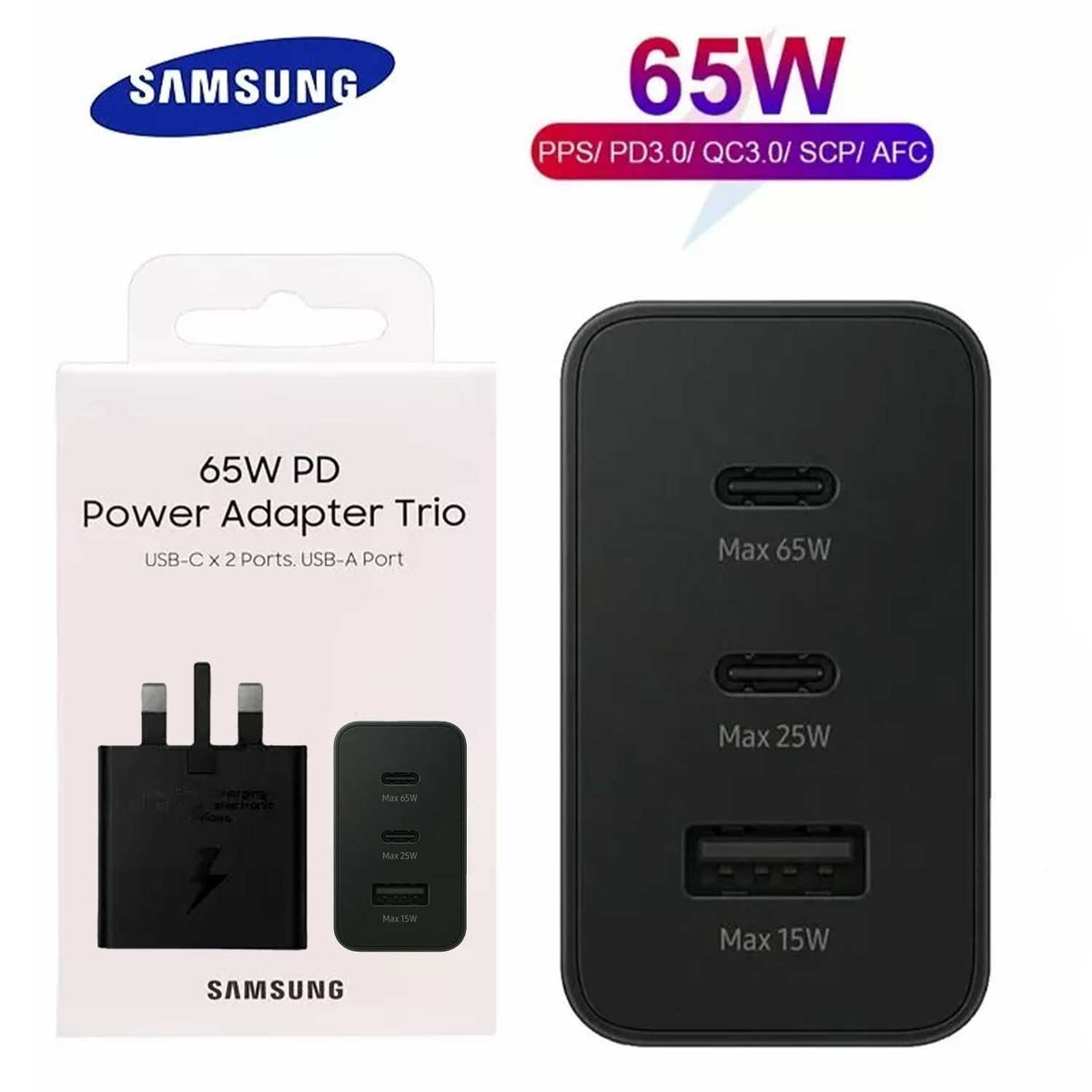 65w Samsung UK Pin PD Power Adaptor Trio (USB-C x2 Ports, USB-A Port) – view 4