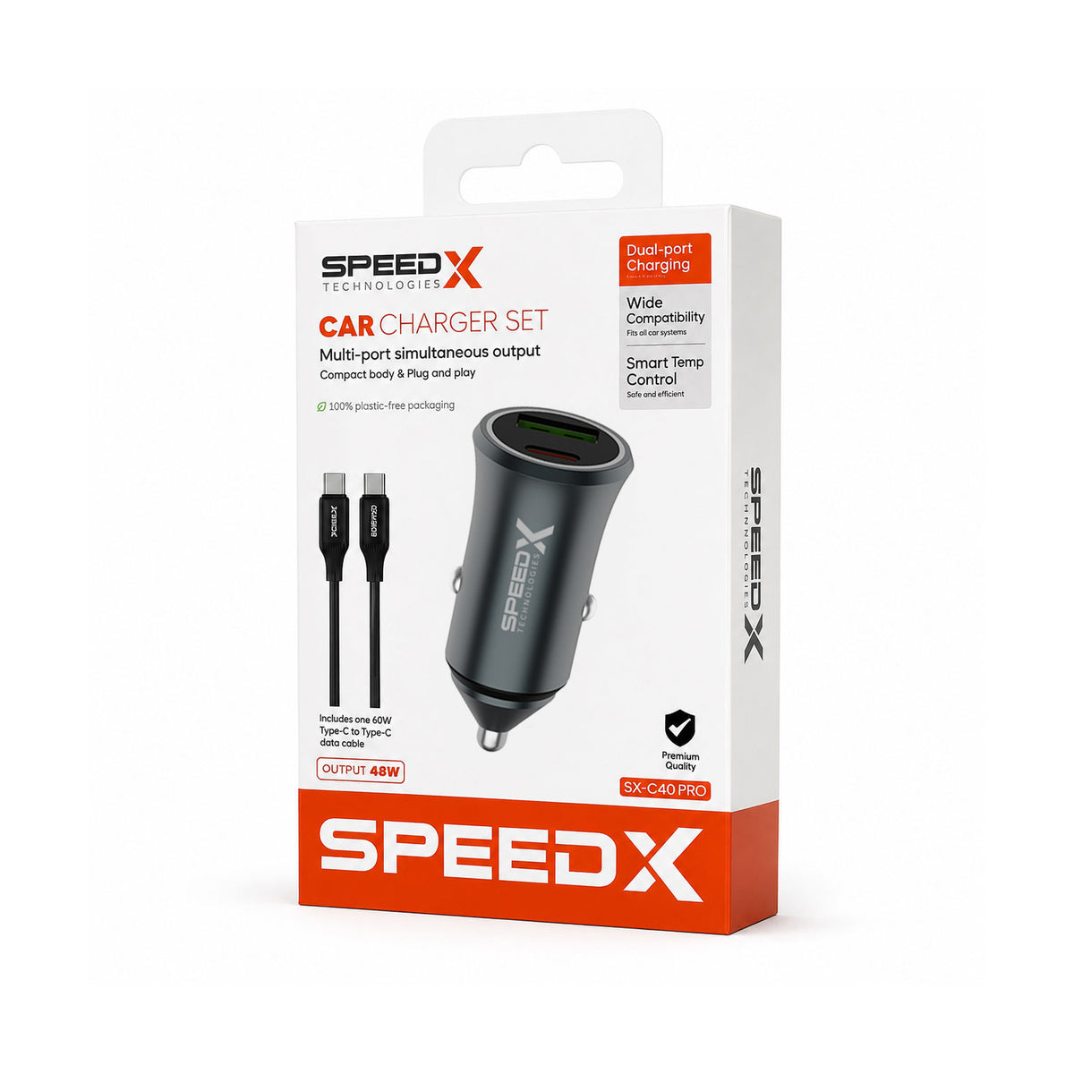 Speed-X SX-C40 Pro 48W Dual-Port Fast Car Charger with USB-C to USB-C Cable