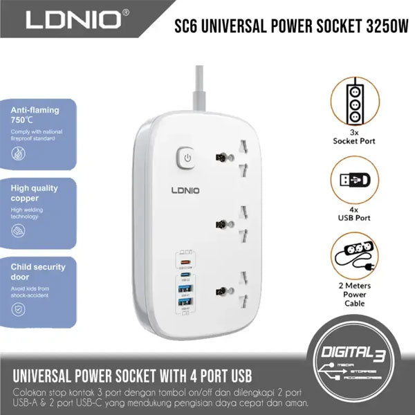 Ldnio SC6 45W GaN Fast Charging Power Extension (3 Sockets, 2 USB-A + 2 USB-C) – view 4