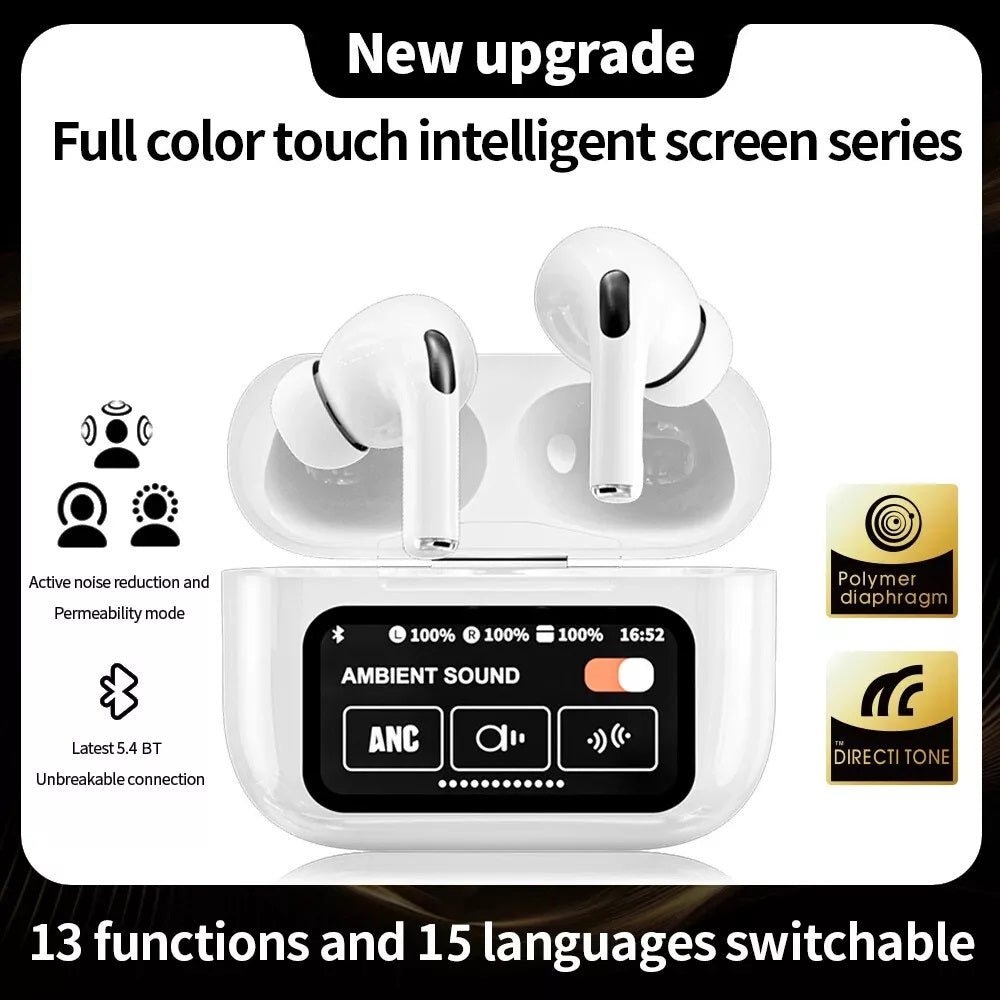 A9 Pro ANC/ENC Touch-Screen Wireless Earbuds – White