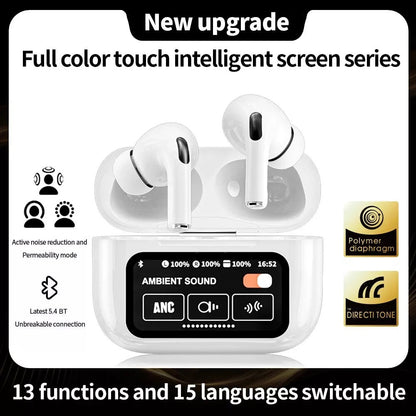 A9 Pro ANC/ENC Touch-Screen Wireless Earbuds – White
