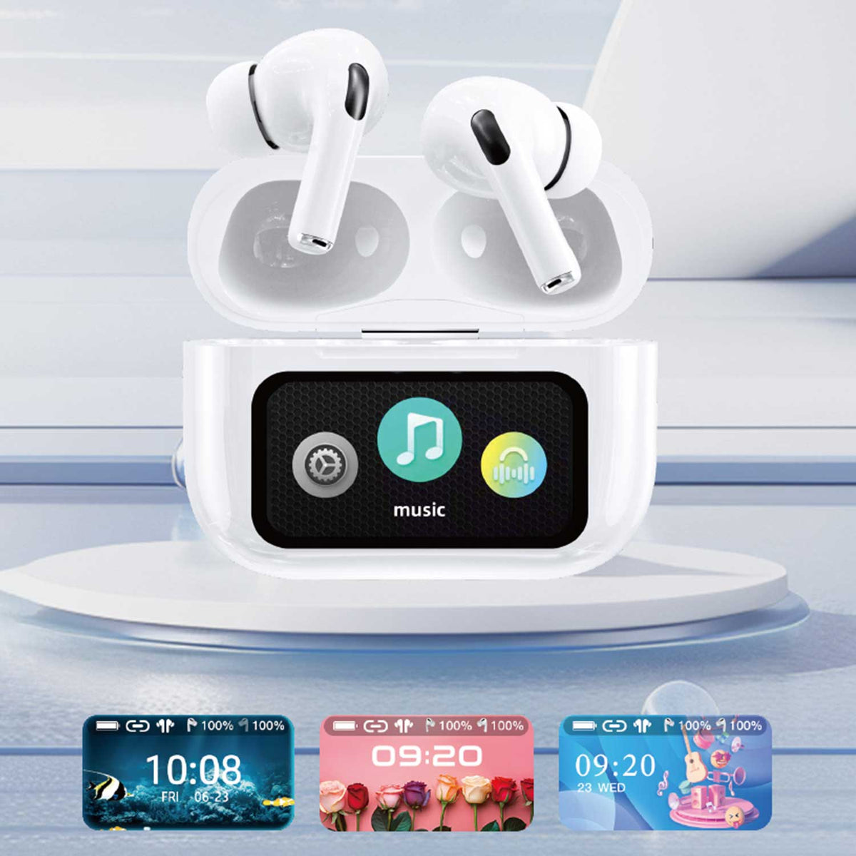 A9 Pro ANC/ENC Touch-Display Wireless Earbuds – White – view 2