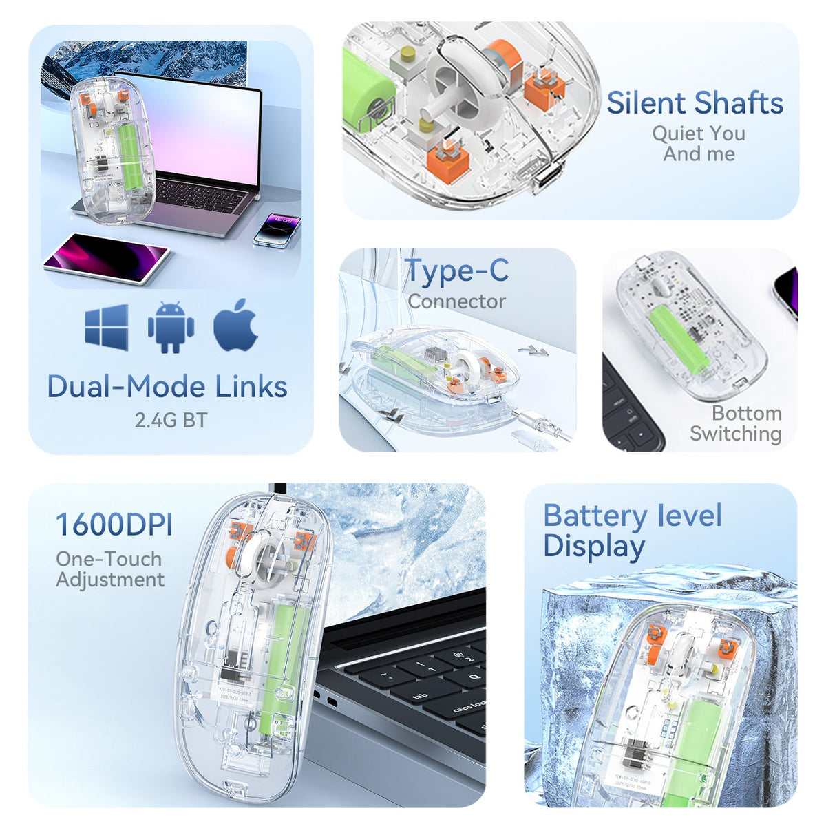 New Transparent Wireless+bluetooth Dual-mode Rechargeable Mouse – view 2