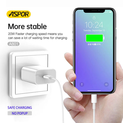 Aspor A801 New 20w US Pin USB-C Fast Charging QC 3.0 White – view 2