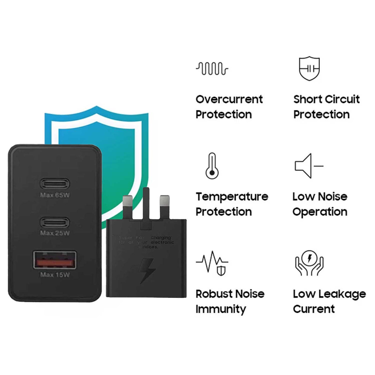 65w Samsung UK Pin PD Power Adaptor Trio (USB-C x2 Ports, USB-A Port) – view 2