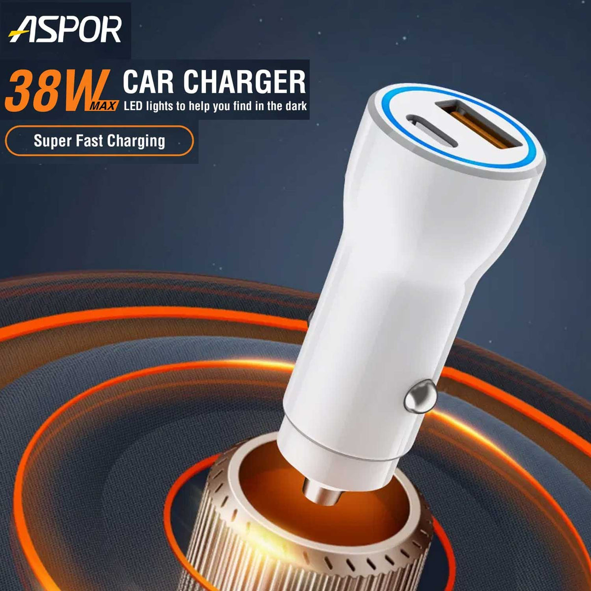 Aspor A910 Fast Car Charger QC 3.0 Dual Aluminum Metal 38W PD Portable – view 2