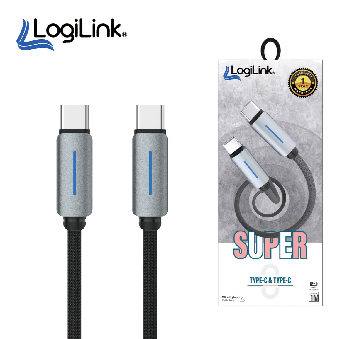 LogiLink Type-C To Type-C Nylon Fast Charging Data Cable 1m Black (1 Year Warranty) – view 2