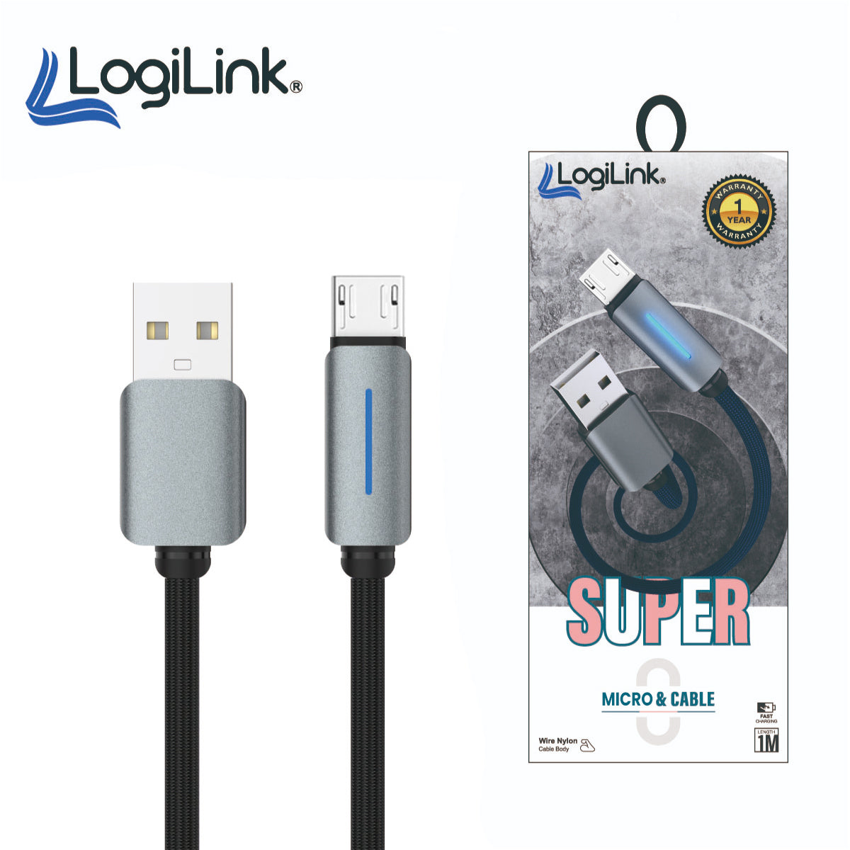 LogiLink USB To Micro Nylon Fast Charging Data Cable With Light 1m (1 Year Warranty) – view 2