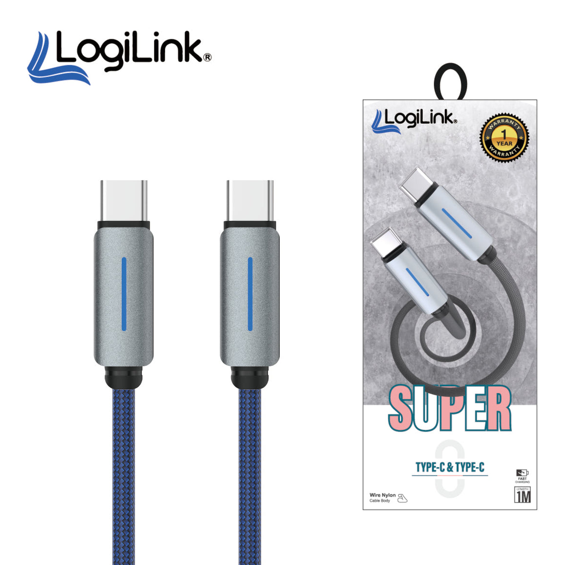 LogiLink Type-C To Type-C Nylon Fast Charging Data Cable 1m Blue (1 Year Warranty) – view 2