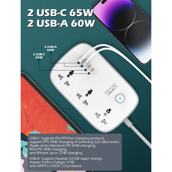 Ldnio SC3416 65W GaN Fast Charging Power Extension (3 Sockets, 2 USB-C + 2 USB-A) – view 2