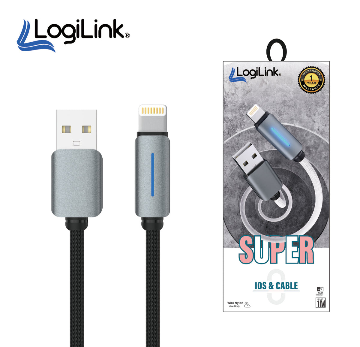 LogiLink USB To Lightning Nylon Fast Charging Data Cable 1m Black (1 Year Warranty) – view 2
