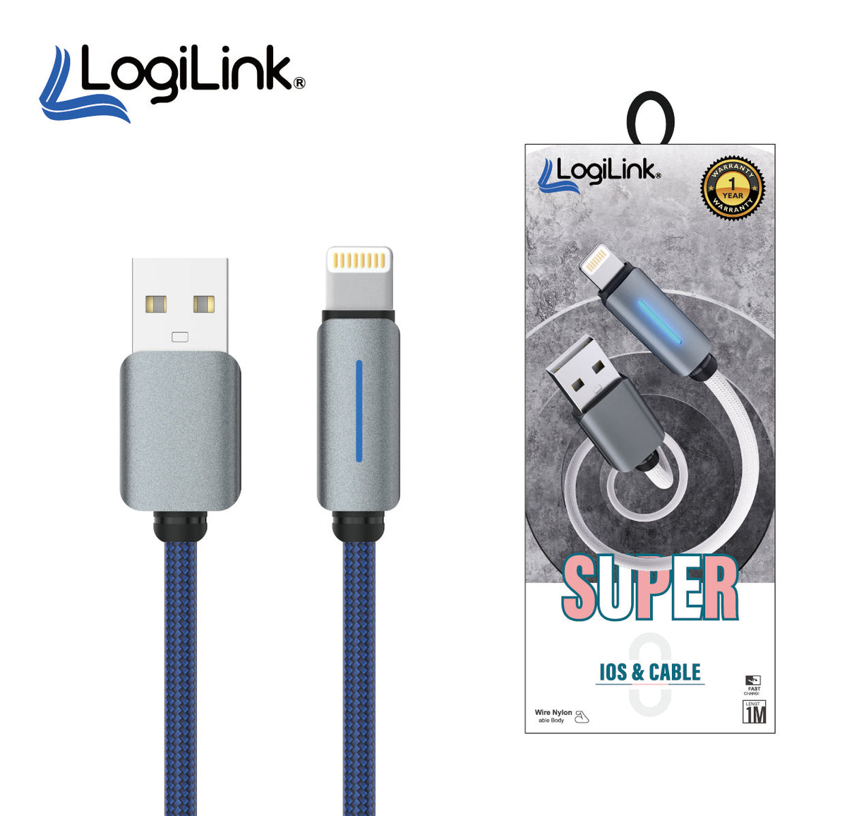 LogiLink USB To Lightning Nylon Fast Charging Data Cable 1m Blue (1 Year Warranty) – view 2