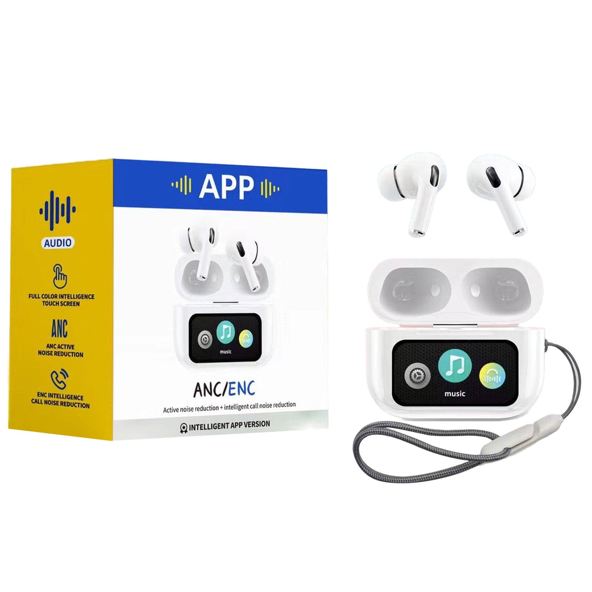 A9 Pro ANC/ENC Touch-Display Wireless Earbuds – White – view 3