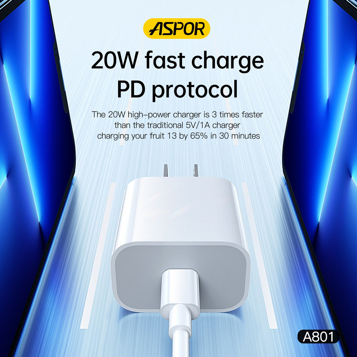 Aspor A801 New 20w US Pin USB-C Fast Charging QC 3.0 White – view 3