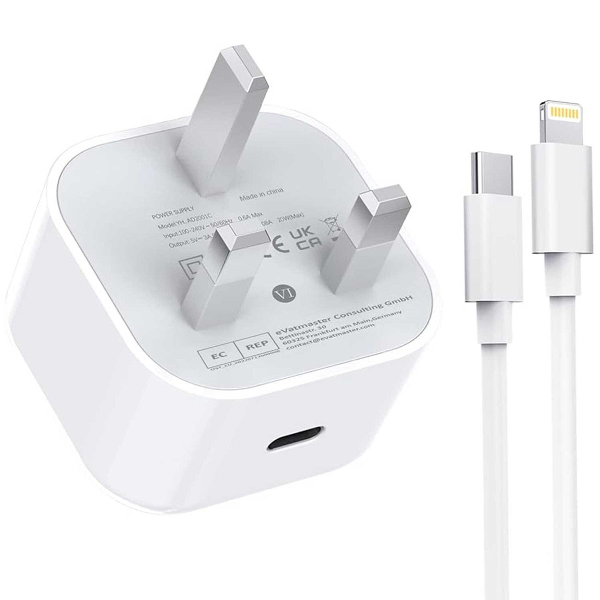 iPhone USB-C PD 20w Power Adapter Charger 3 Pin (UK Pin) With Cable – view 3
