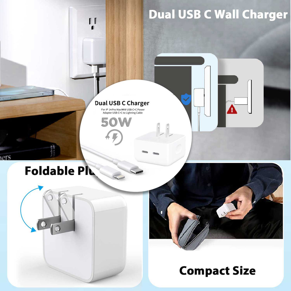 iPhone 14 Pro 2 Pin (US Pin) 50w USB-C+C Power Adapter With USB-C To Lightning Cable – view 3