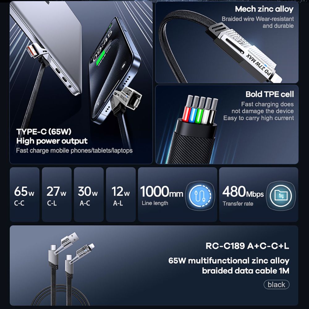 Remax RC-C189 65W 4-in-1 Multi Functional Data Cable Black – view 3