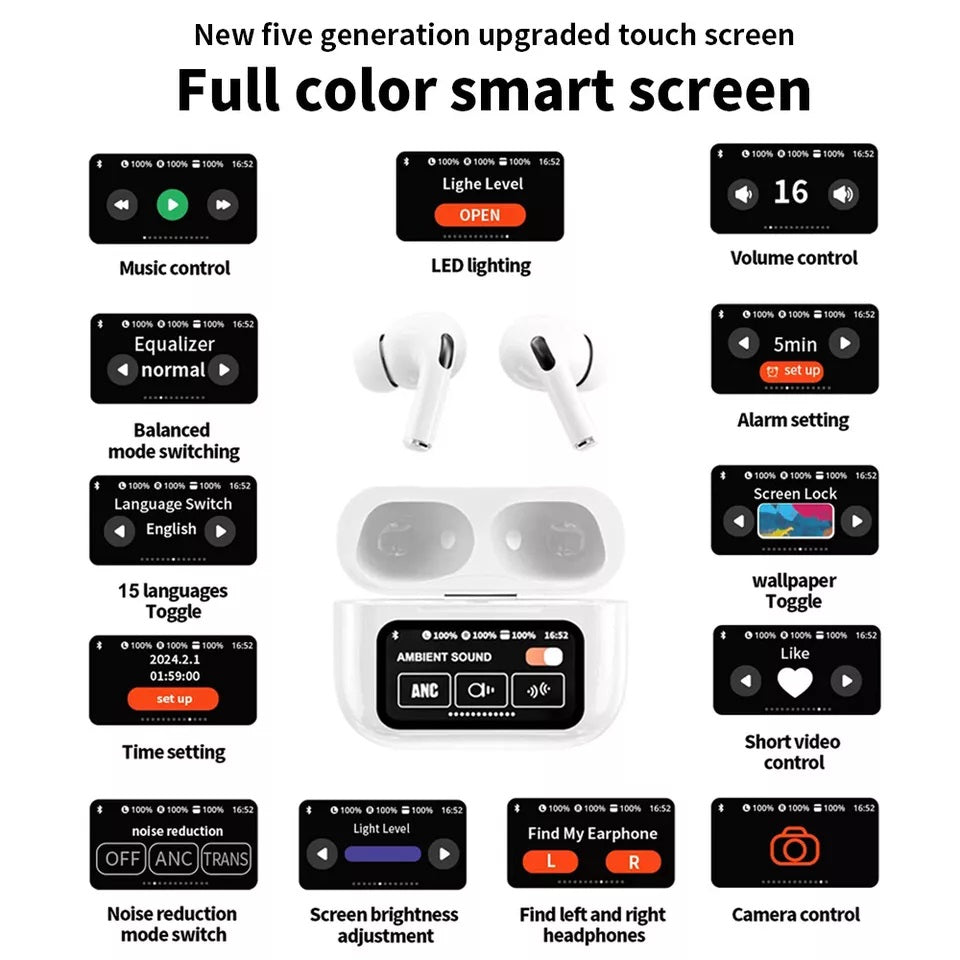 A9 Pro ANC/ENC Touch-Screen Wireless Earbuds – White