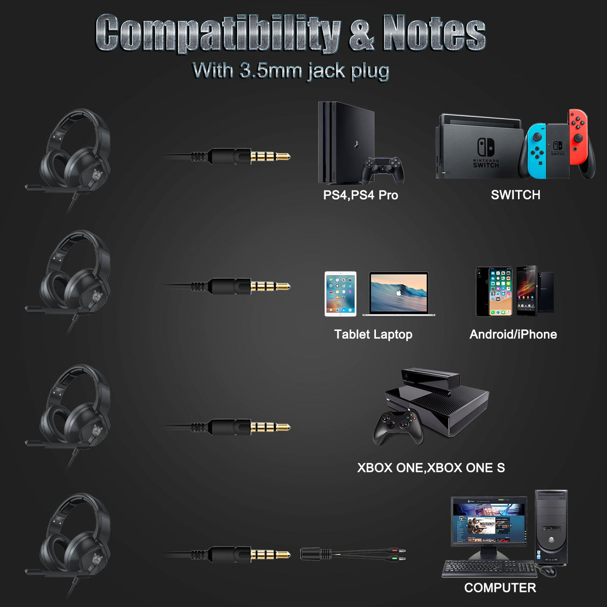 Onikuma K19 RGB Wired Stereo Gaming Headset (Black) – view 4
