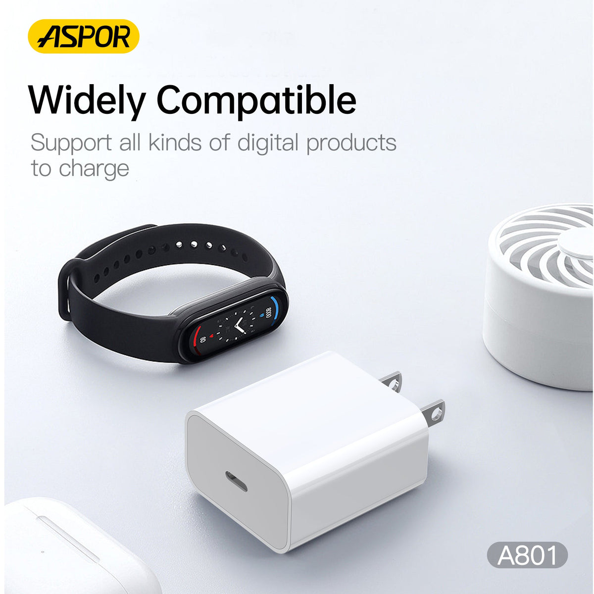 Aspor A801 New 20w US Pin USB-C Fast Charging QC 3.0 White – view 4