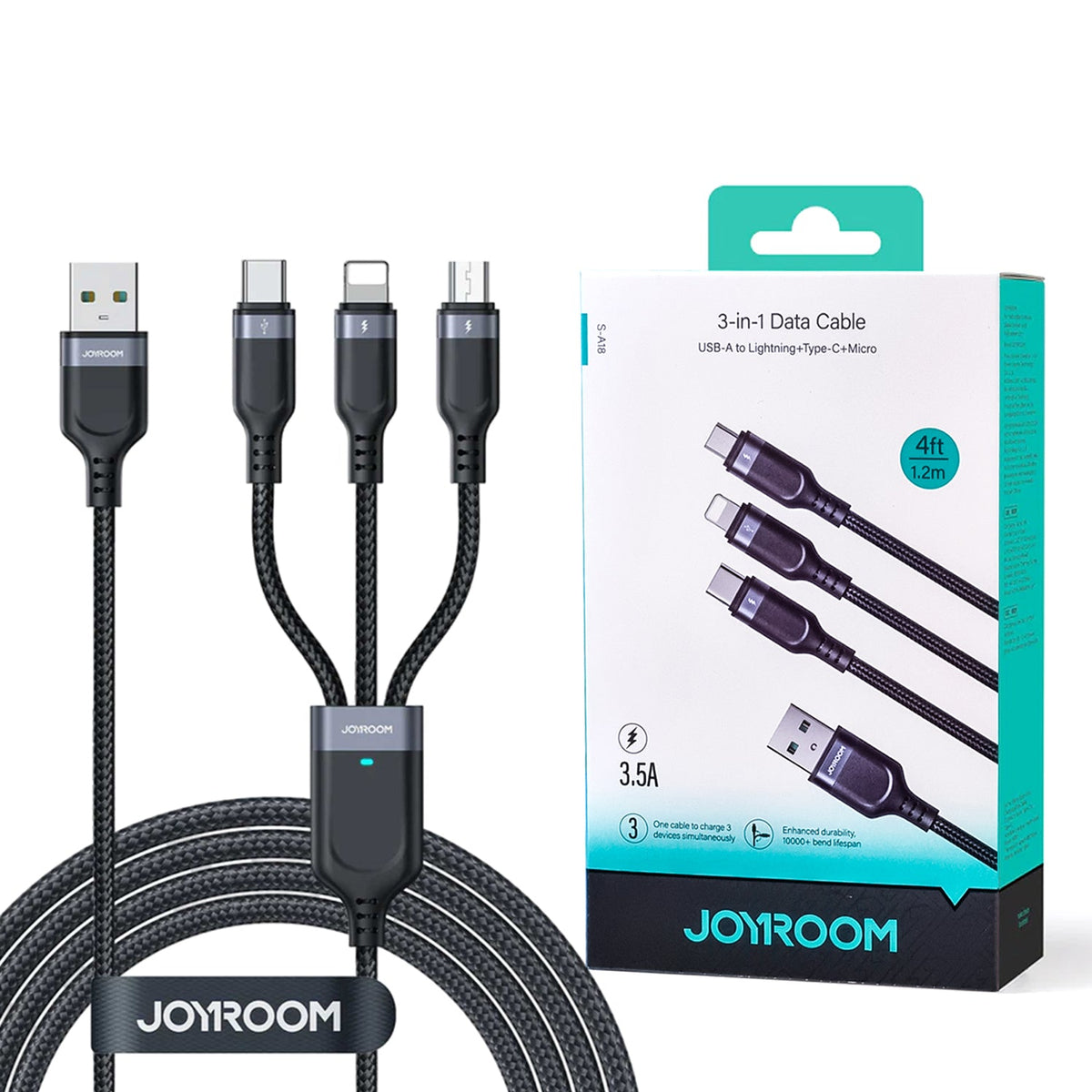Joyroom S-1T3018A18 Multi-Use 3.5A USB-A To Lightning+Type-C+Micro 3-in-1 Data Cable 2m Black – view 4