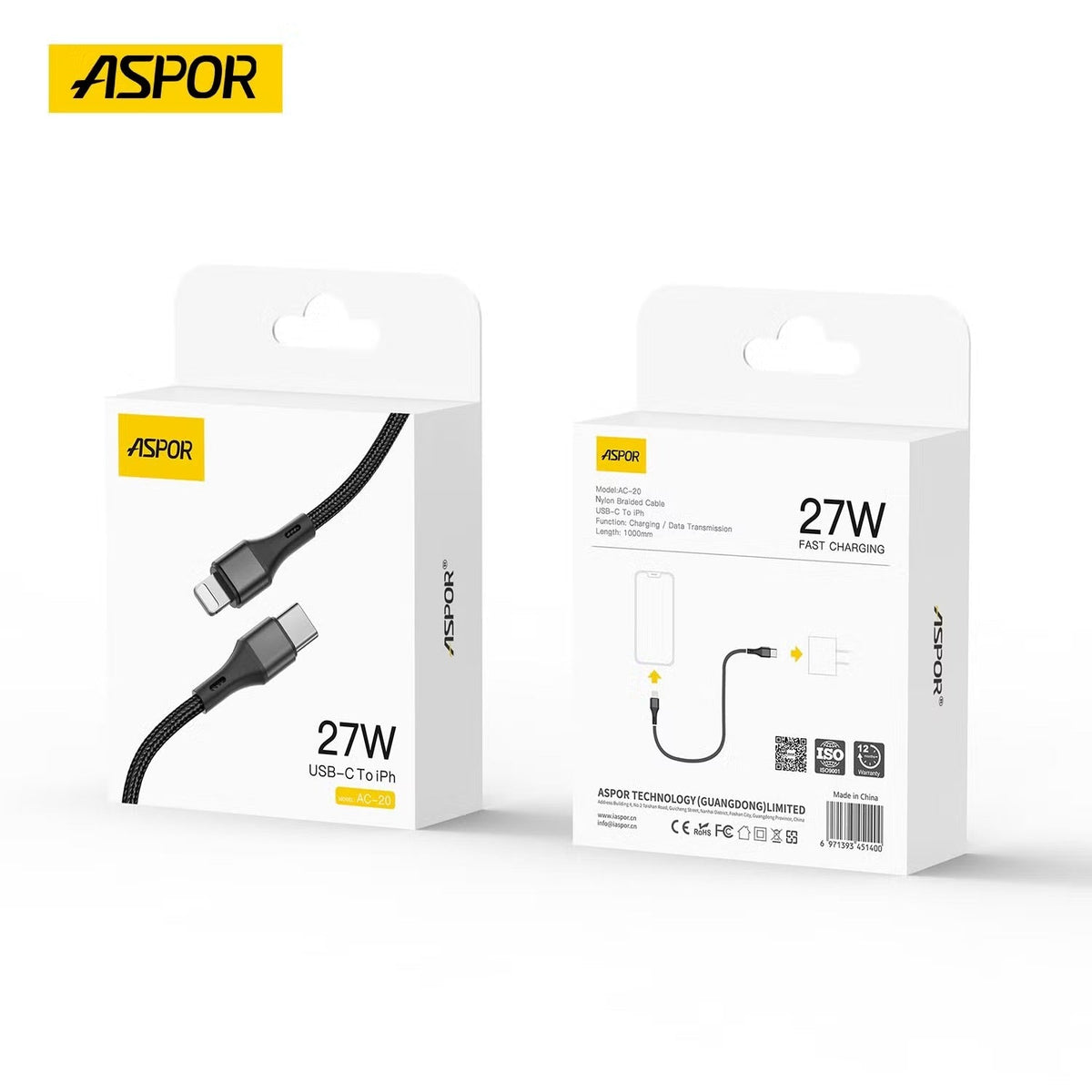 Aspor AC-20 27W Type-C To Lightning Fast Charging Nylon Braided Data Cable 1.2m – view 4