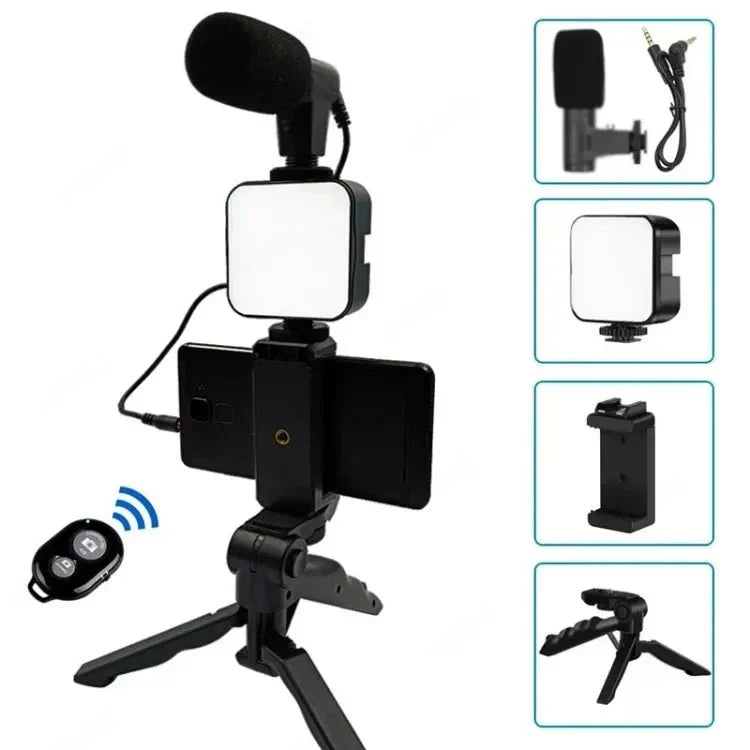 Video recording setup with microphone, light, and remote control on a white background