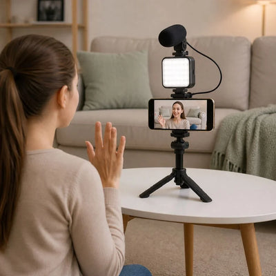 A woman sits on a white table in a living room, facing a video call setup with a smartphone on a small tripod, a light box, and a microphone. The room has a beige sofa and neutral decor in the background.