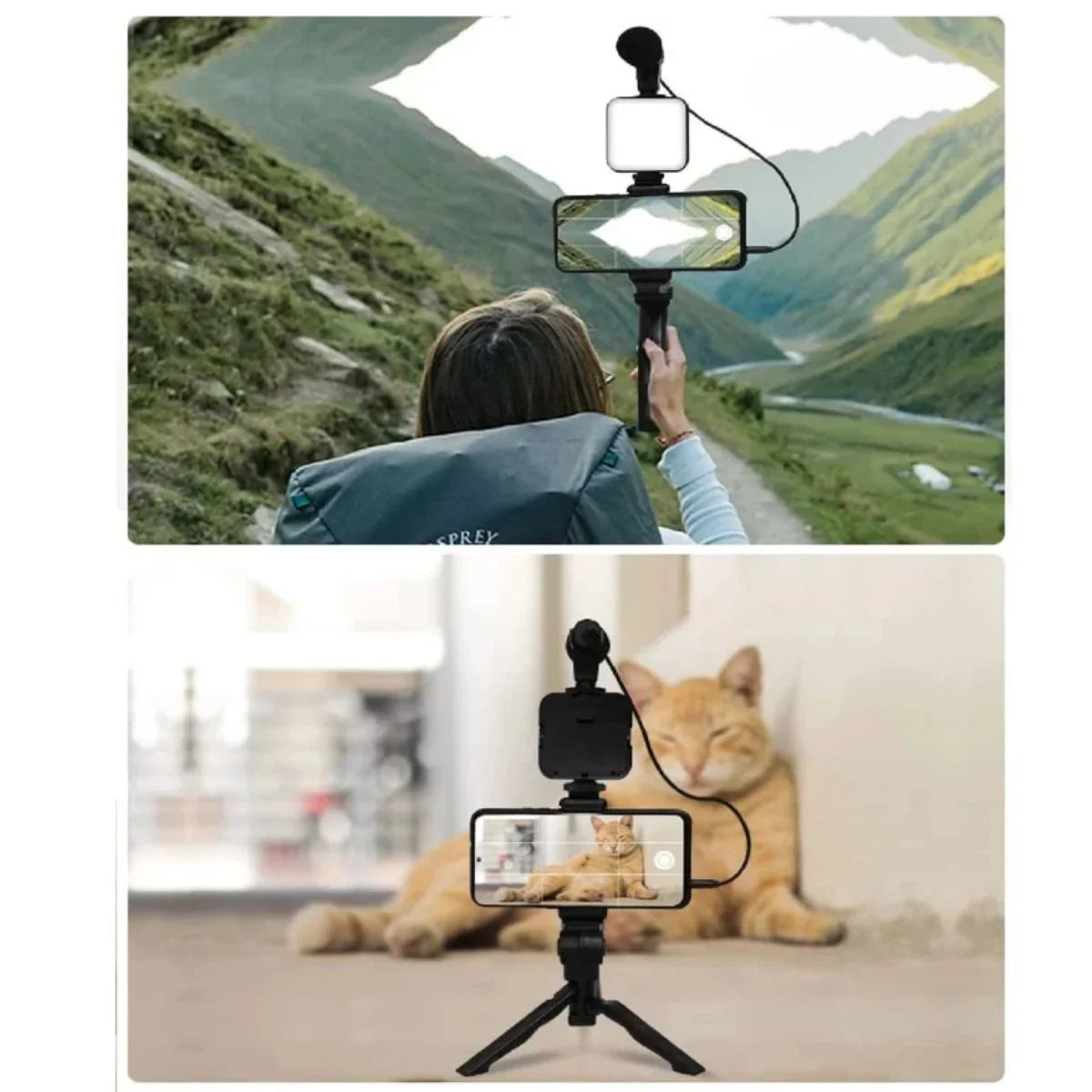 A split-screen demonstration of a selfie stick with an attached phone mount and light box. The top panel shows a person taking a photo of a mountain landscape, and the bottom panel shows the same device mounted on a tripod, capturing a sleeping orange cat indoors.