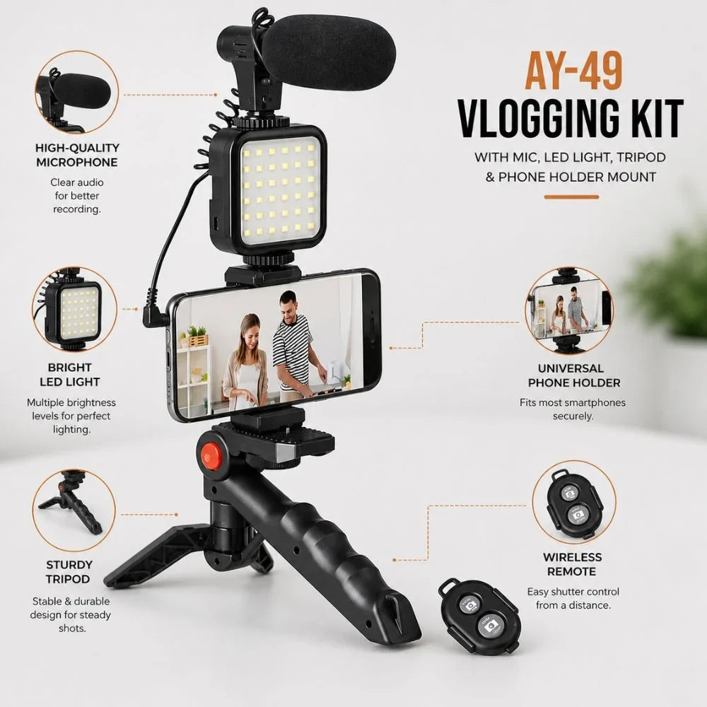 A vlogging kit labeled AY-49 shown on a light gray background with callout circles and text describing included components: a high-quality microphone, bright LED light, sturdy tripod, phone holder mount, and wireless remote. The kit includes a smartphone mounted on the tripod to demonstrate use.